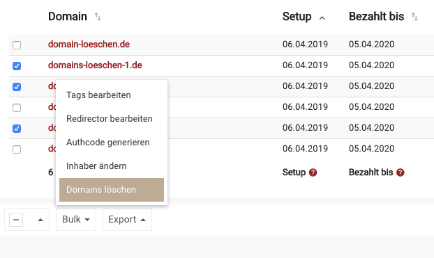 .de Domain löschen - Fall 2 - Bulk Delete