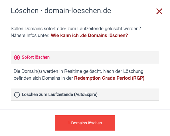 .de Domain löschen - Fall 3 - Instant Delete