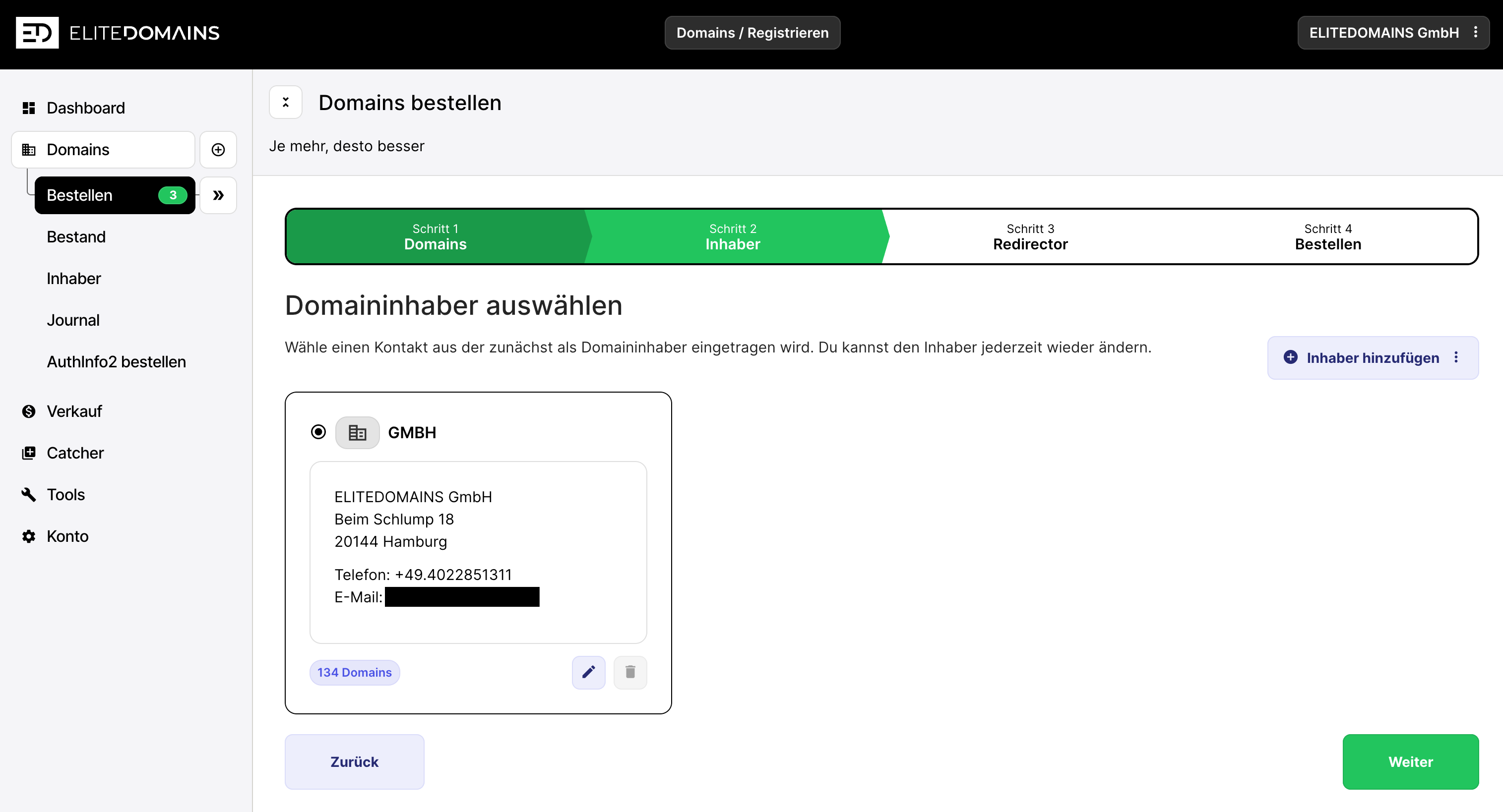Domains bestellen - Schritt 4 - Domaininhaber auswählen