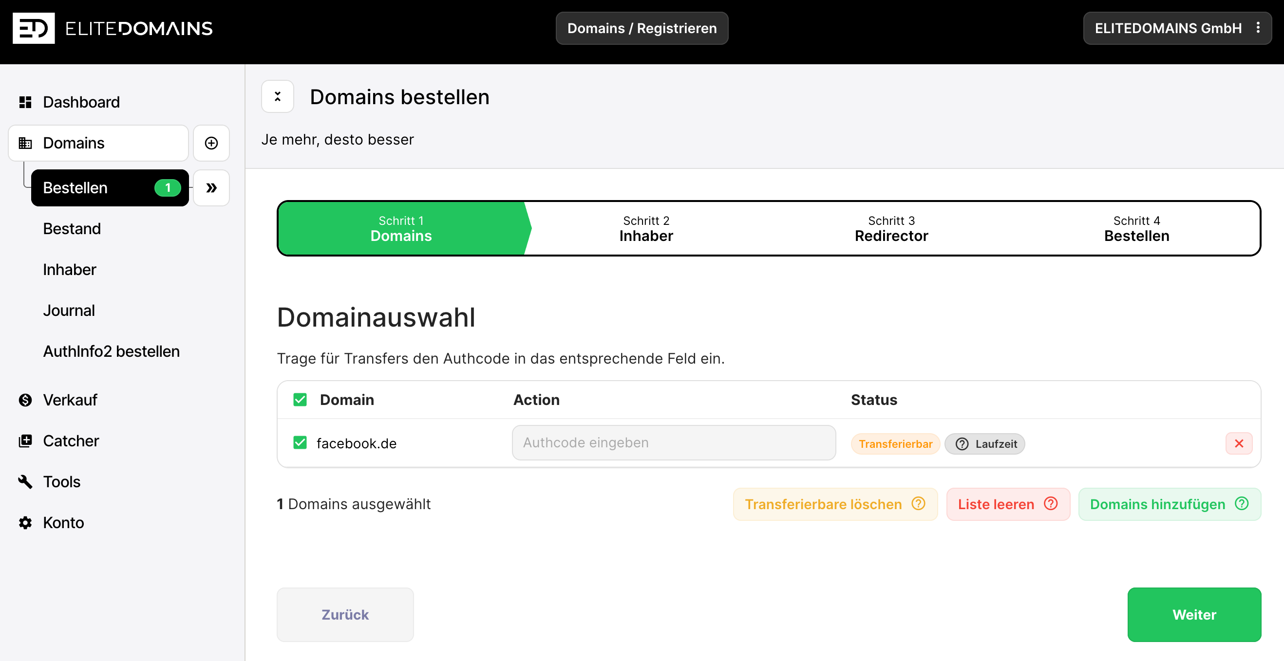 Domains transferieren - Single Domain Transfer