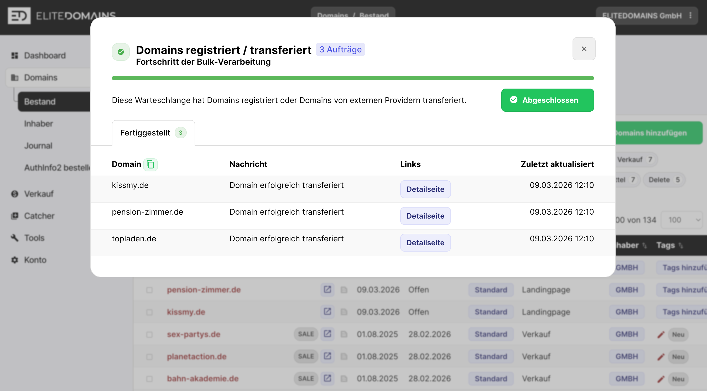 Domains transferieren - Transfer erfolgreich abgeschlossen