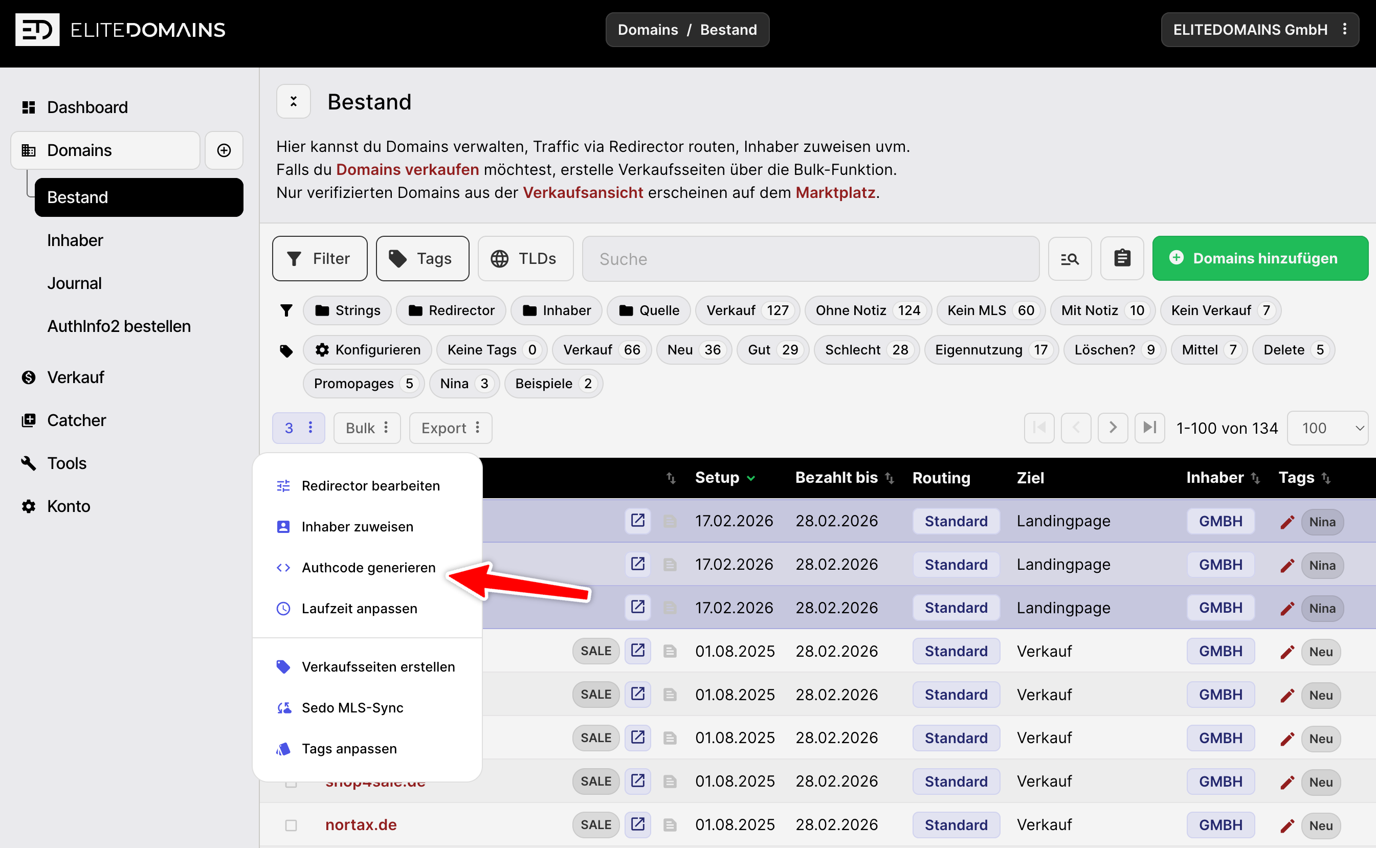 Domains zu einem fremden Provider transferieren - Authcodes generieren