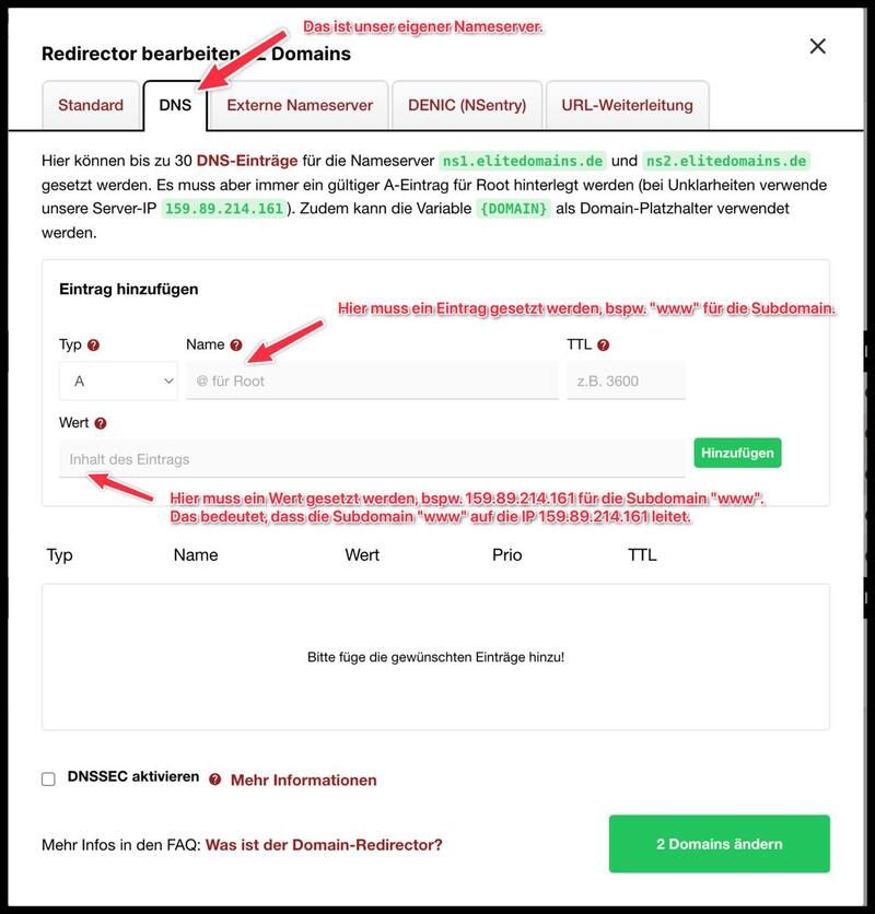 Redirector bearbeiten - DNS Einstellungen