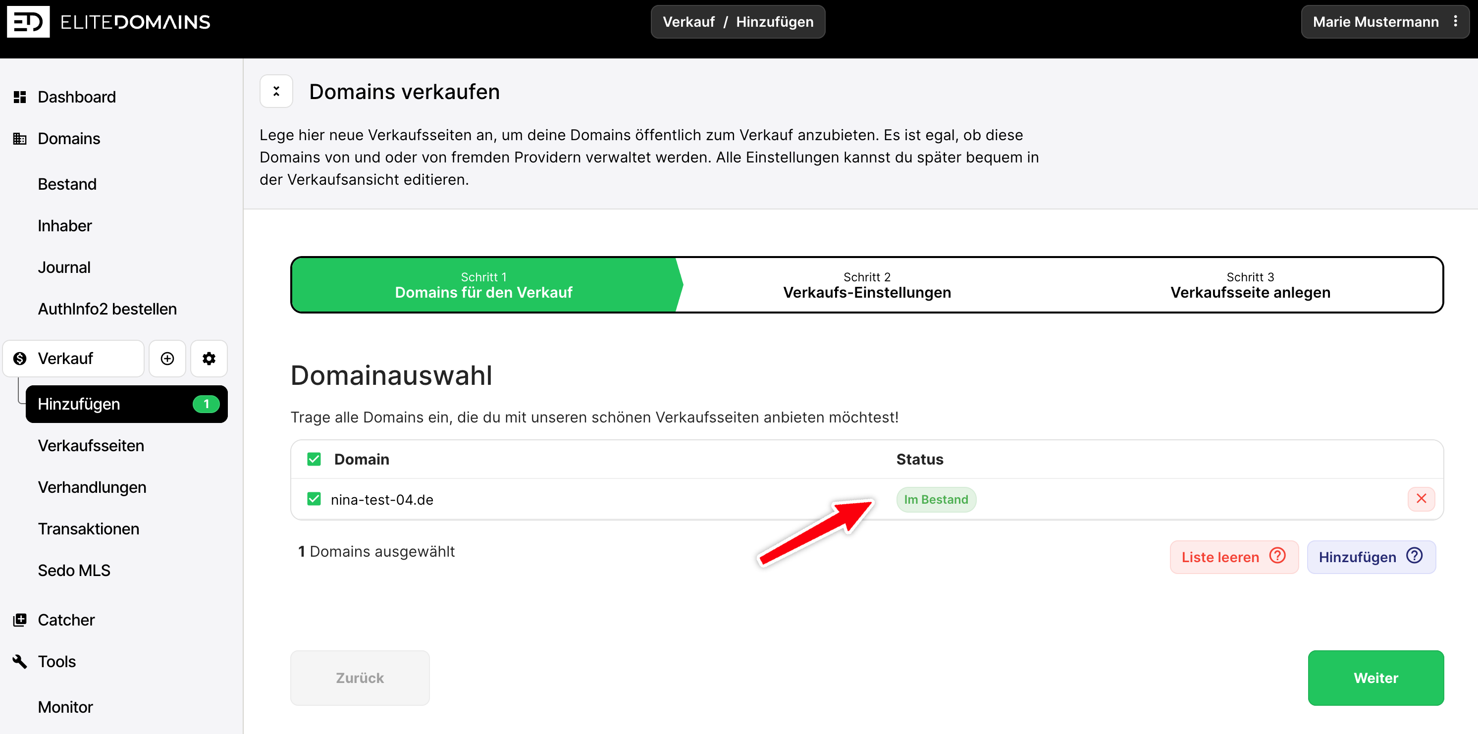 Domainauswahl und Status