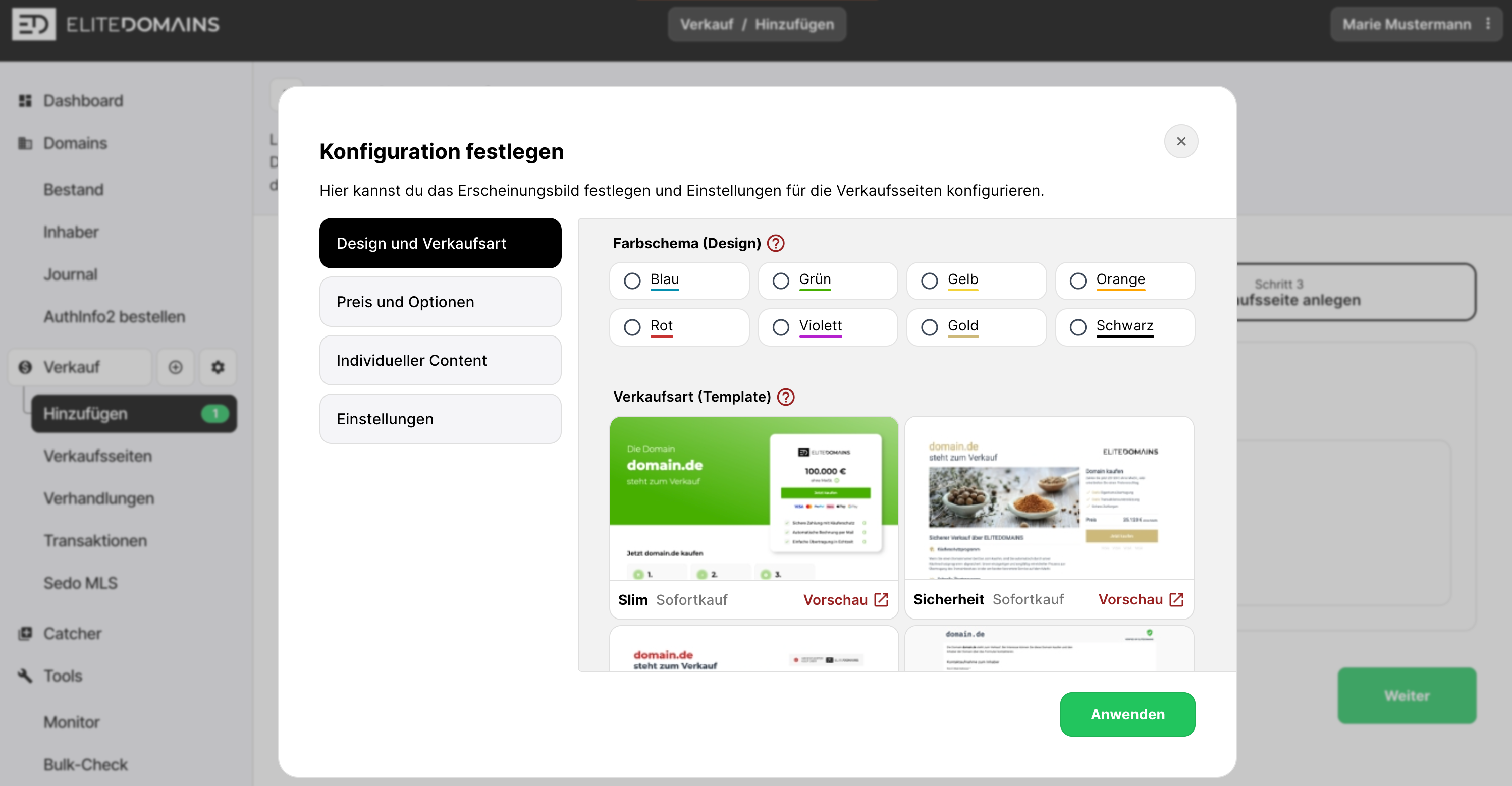 Konfiguration für Verkaufsseiten festlegen