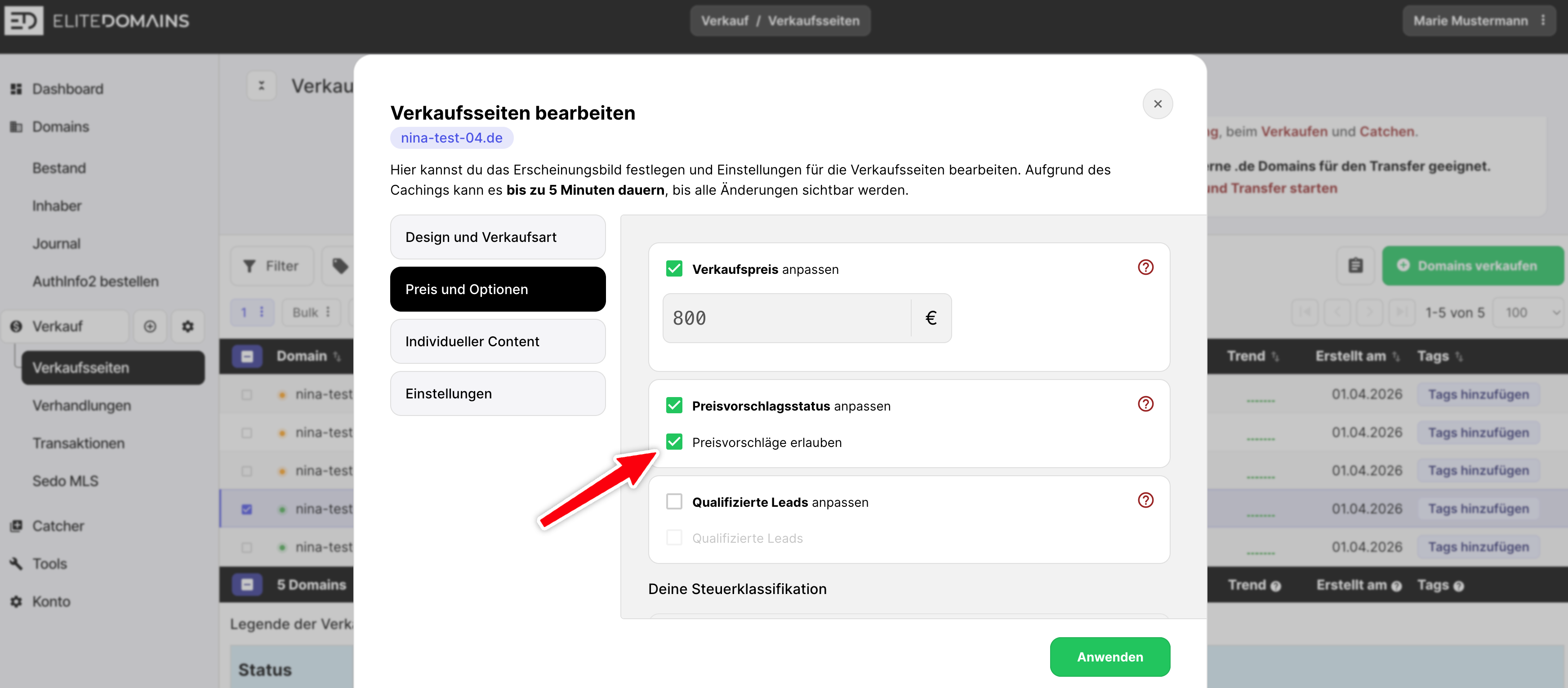 Die Option Preisvorschläge erlauben in den Verkaufseinstellungen.