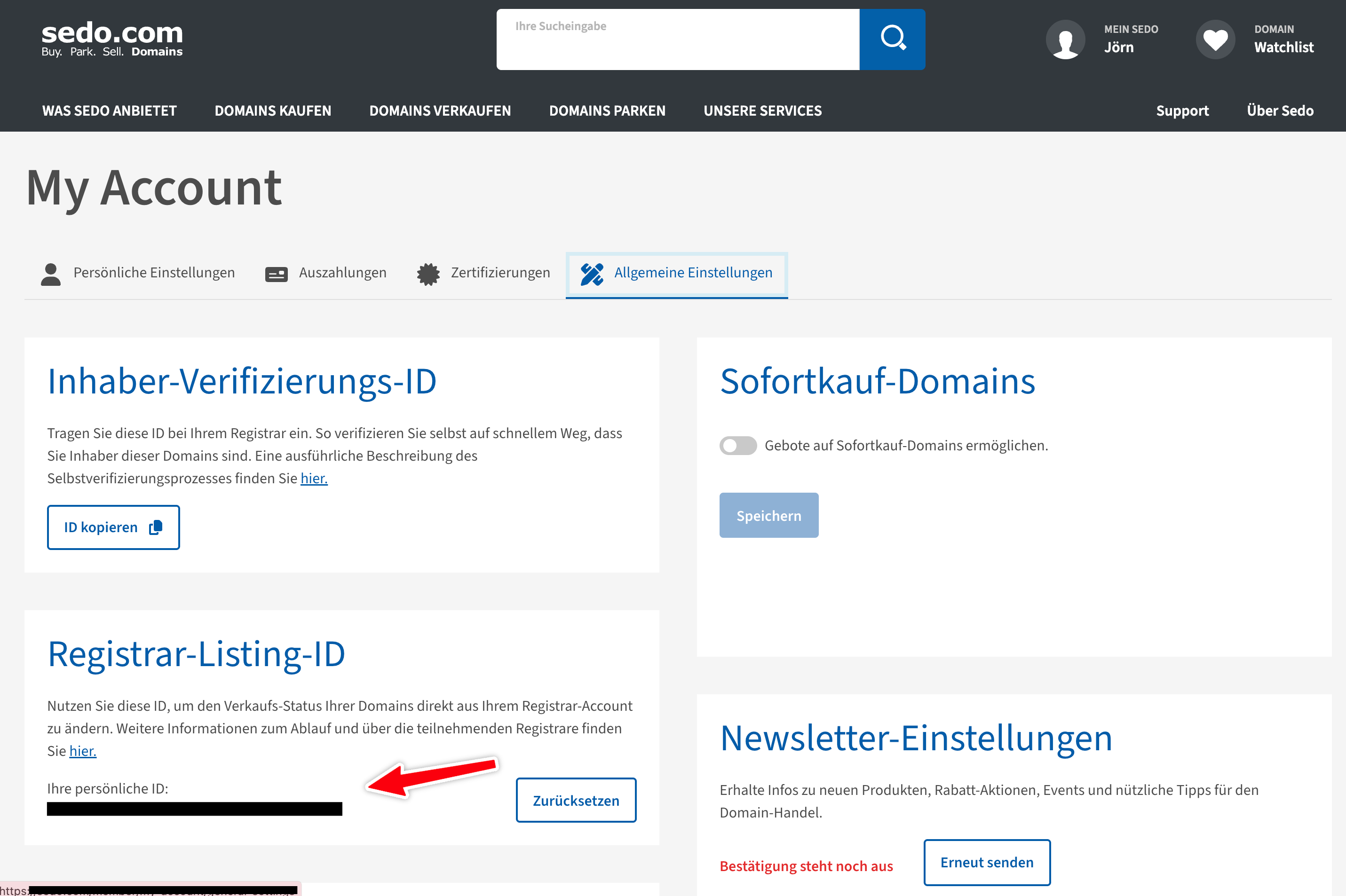 Schritt 1 - Registrar Listing-ID bei SEDO ermitteln