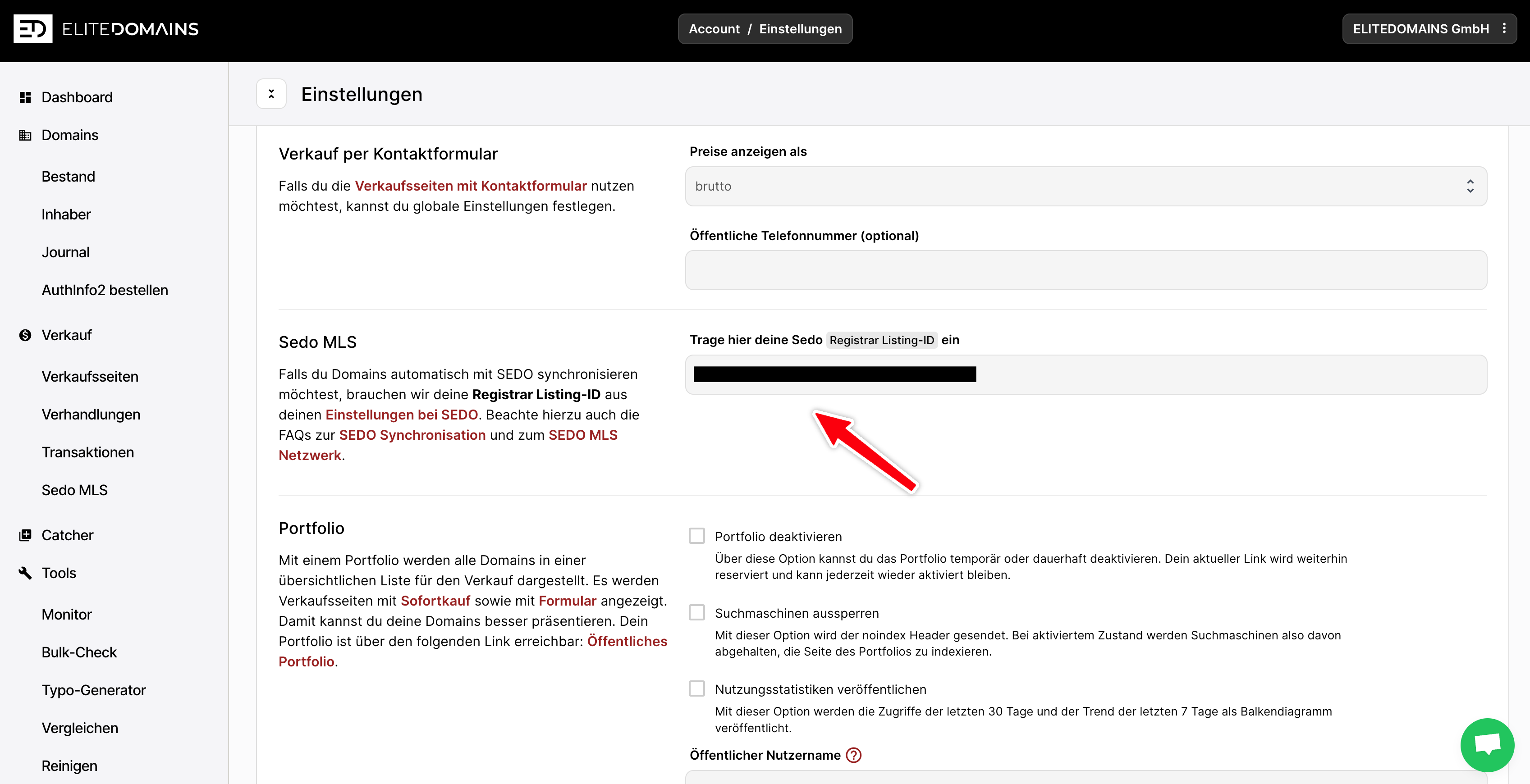 Schritt 2 - Sedo-ID bei ELITEDOMAINS eintragen